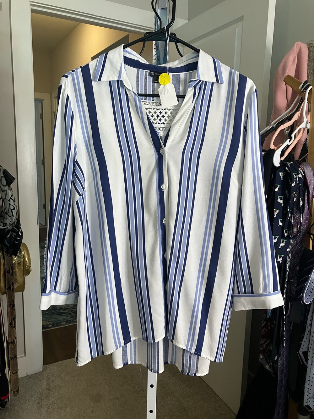 new directions White Button-Down Shirt with Blue Stripes